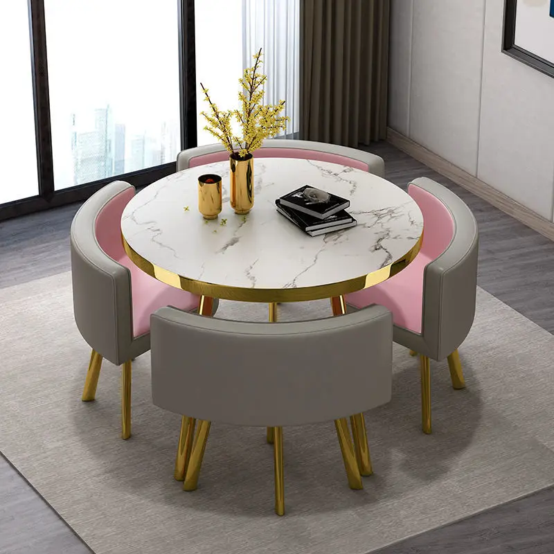 Juego de mesa de comedor redonda de mármol de 80 cm con 4 sillas, mesa central moderna de madera, muebles de apartamento blancos de lujo