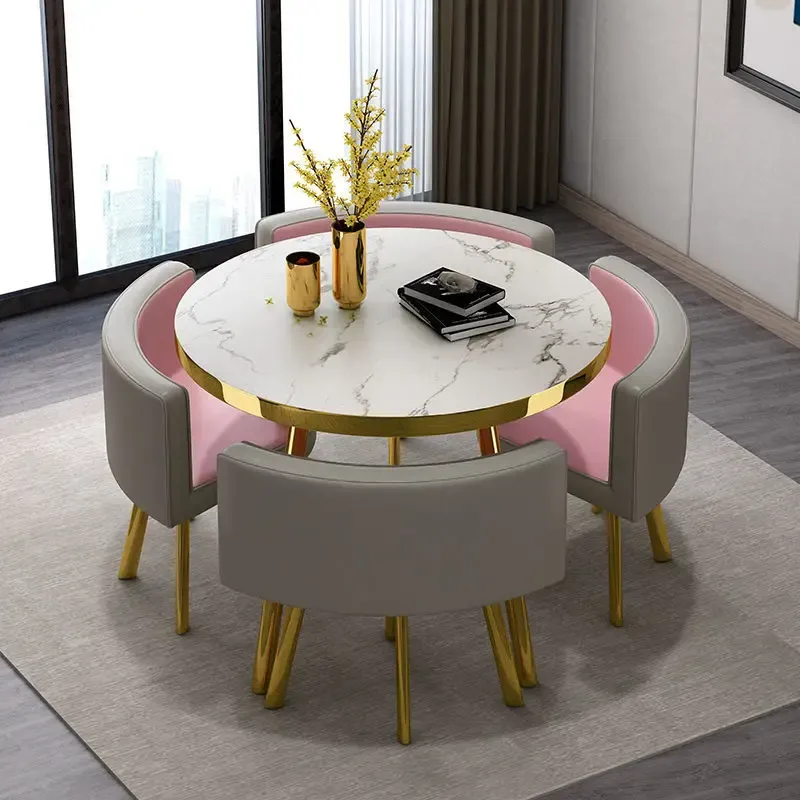 Juego de mesa de comedor redonda de mármol de 80 cm con 4 sillas, mesa central moderna de madera, muebles de apartamento blancos de lujo