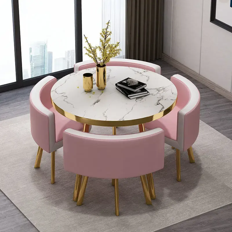 Juego de mesa de comedor redonda de mármol de 80 cm con 4 sillas, mesa central moderna de madera, muebles de apartamento blancos de lujo