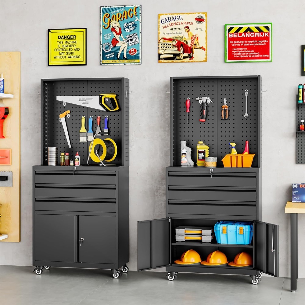 Gabinete de almacenamiento de metal con ruedas y cajones, gabinete de almacenamiento de garaje rodante con cerradura, gabinete de herramientas de metal negro con gancho