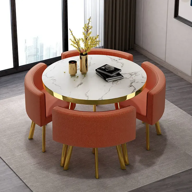 Juego de mesa de comedor redonda de mármol de 80 cm con 4 sillas, mesa central moderna de madera, muebles de apartamento blancos de lujo
