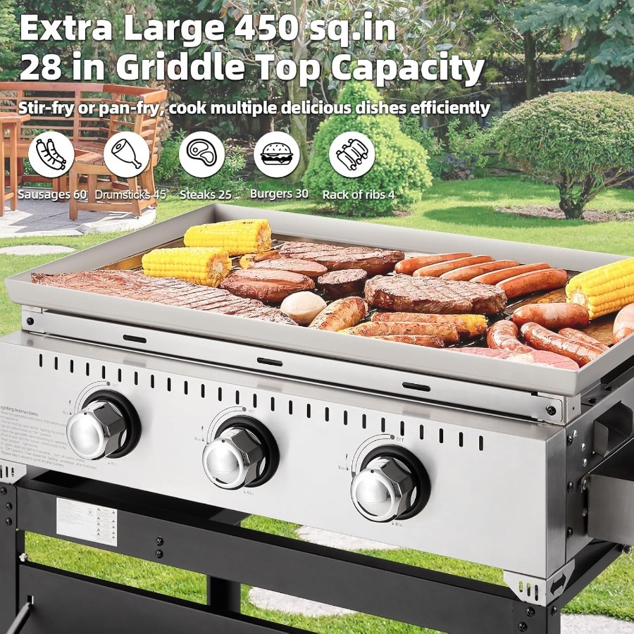 Plancha de gas para exteriores de 3 quemadores y 30000 BTU con tapa, plancha plana portátil de 28 pulgadas, parrilla de hierro fundido resistente en color negro con botella