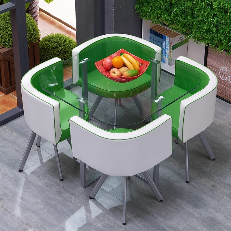 Juego de mesa y sillas de comedor de vidrio de 4 piezas para comedor de cocina pequeño. Mesa cuadrada contemporánea de vidrio templado de 5 piezas y 4 sillas.