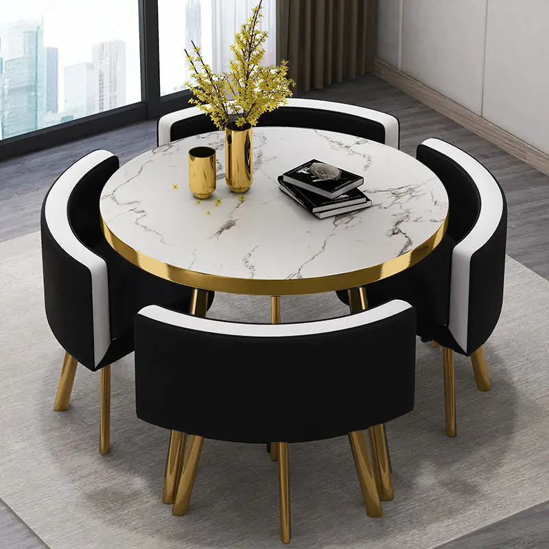 Juego de mesa de comedor redonda de mármol de 80 cm con 4 sillas, mesa central moderna de madera, muebles de apartamento blancos de lujo