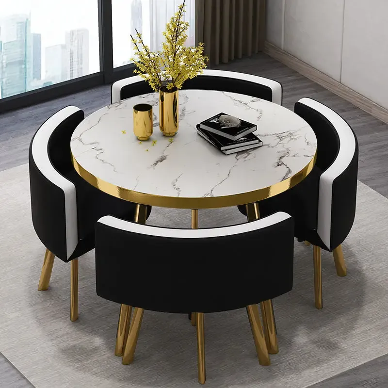 Juego de mesa de comedor redonda de mármol de 80 cm con 4 sillas, mesa central moderna de madera, muebles de apartamento blancos de lujo