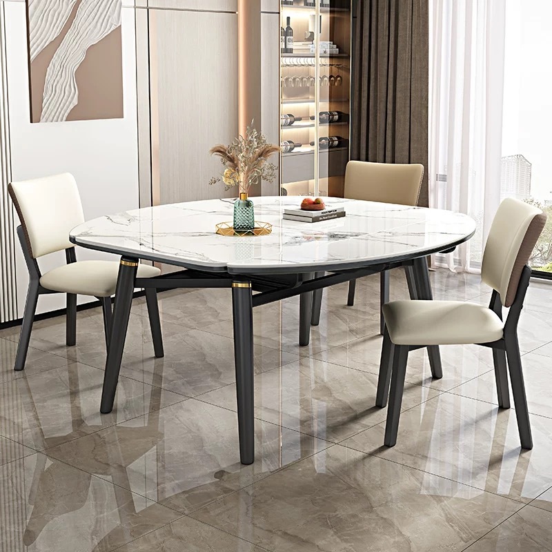 Juego de mesa de comedor rectangular plegable y extensible de lujo de madera maciza de mármol con sillas para 4 y 6 personas, muebles de cocina redondos.