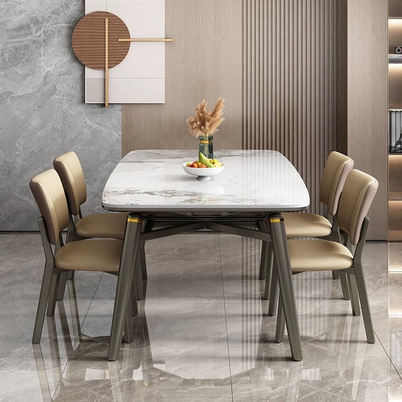 Juego de mesa de comedor rectangular plegable y extensible de lujo de madera maciza de mármol con sillas para 4 y 6 personas, muebles de cocina redondos.