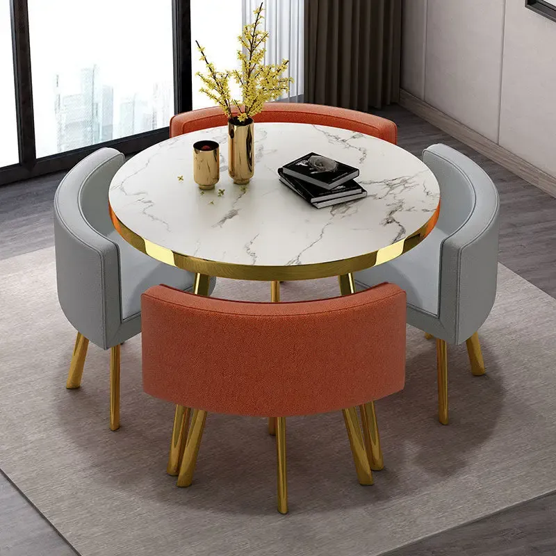 Juego de mesa de comedor redonda de mármol de 80 cm con 4 sillas, mesa central moderna de madera, muebles de apartamento blancos de lujo