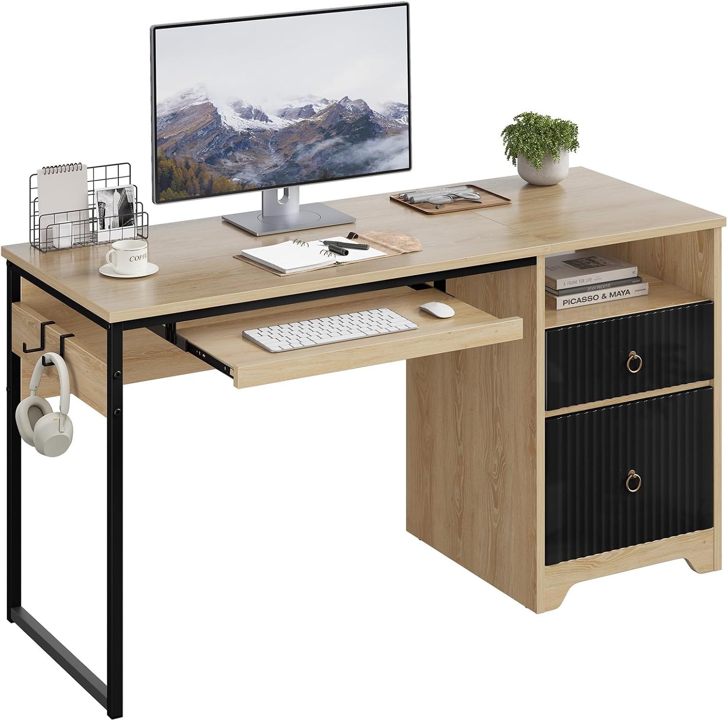 55 Inch Computer Desk with Keyboard Tray, Modern Office Desk with Storage, Wood Writing Desk with File Drawer, Fluted Panel