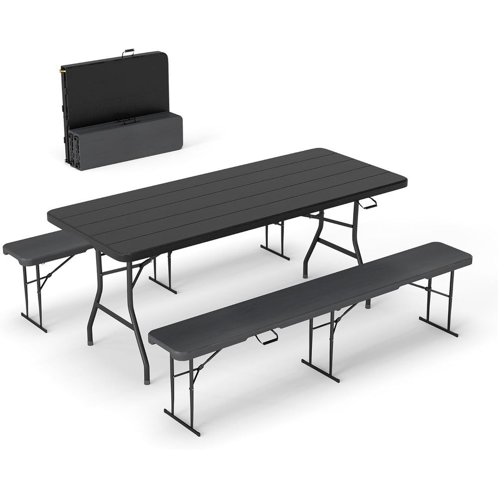 Mesa de picnic de 6' con 2 bancos, 3 piezas, mesa de camping plegable portátil de HDPE con veta de madera negra y bancos para patio, jardín,