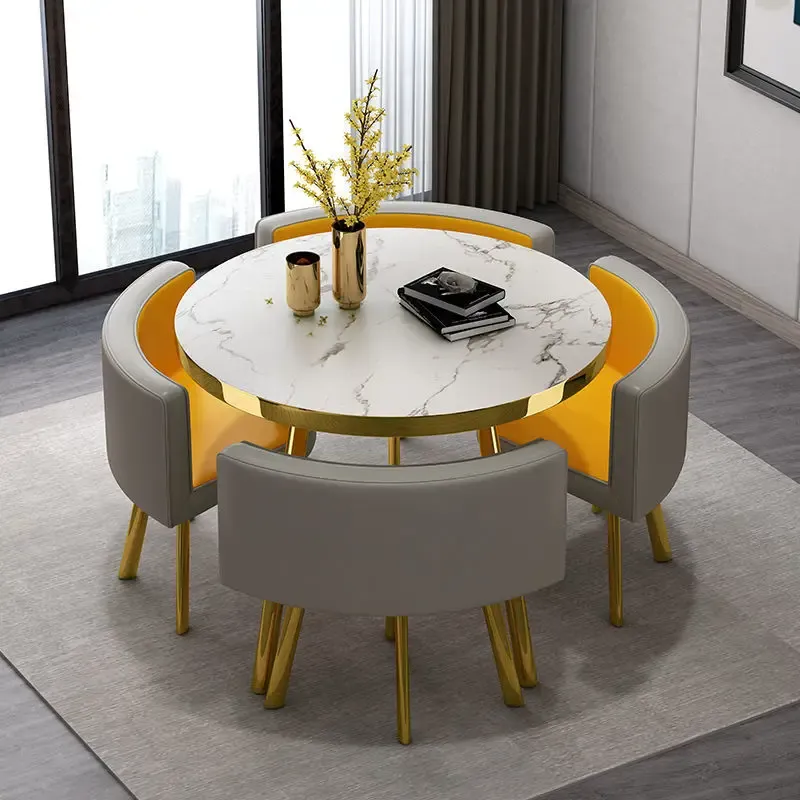 Marble Round 80cm Dining Tables Set 4 Chairs Modern Center Wood Table Luxury White Apartment Furniture