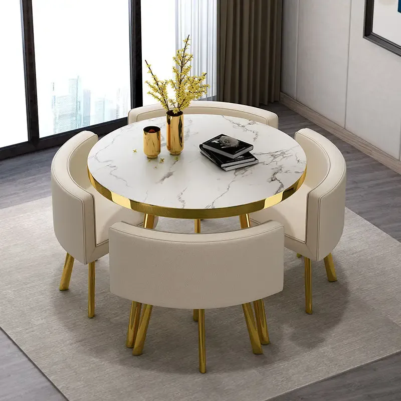 Juego de mesa de comedor redonda de mármol de 80 cm con 4 sillas, mesa central moderna de madera, muebles de apartamento blancos de lujo