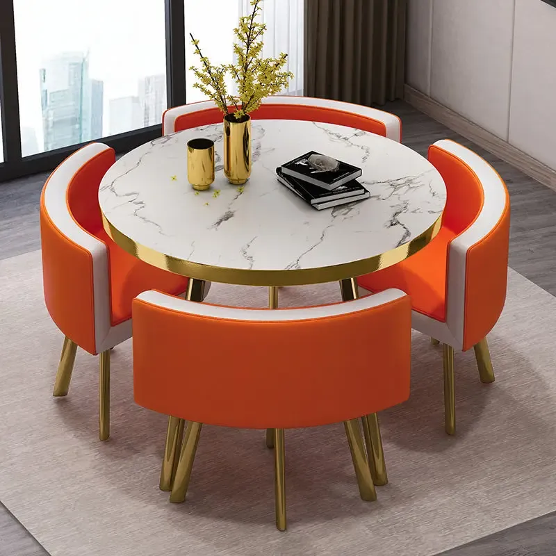 Juego de mesa de comedor redonda de mármol de 80 cm con 4 sillas, mesa central moderna de madera, muebles de apartamento blancos de lujo