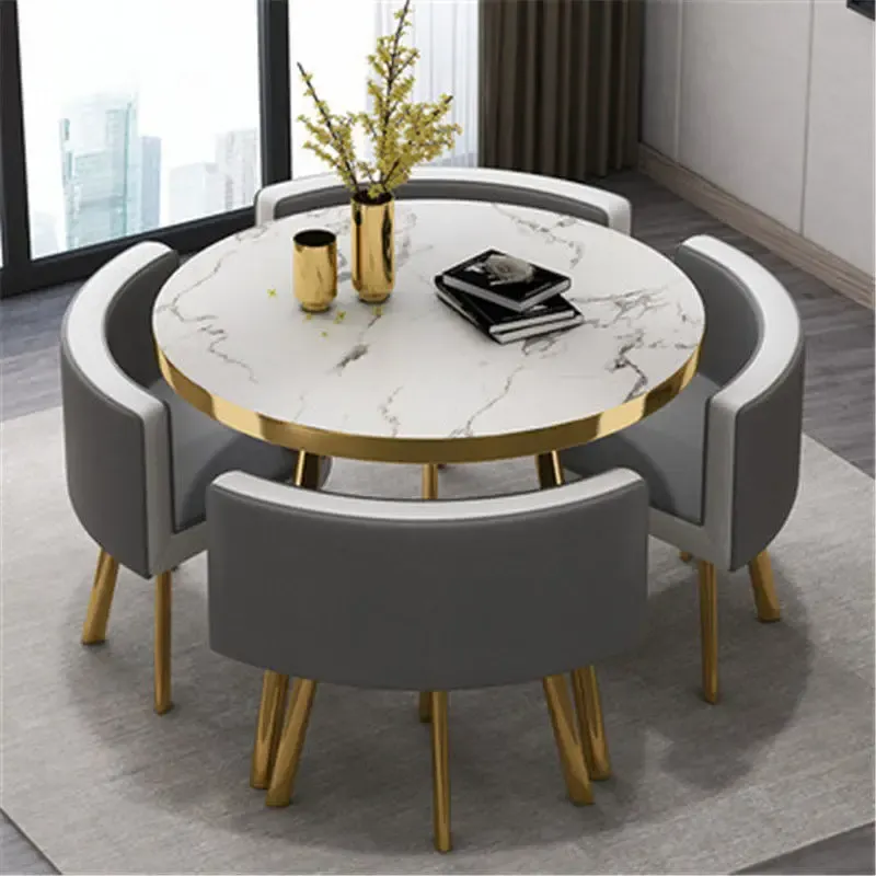 Juego de mesa de comedor redonda de mármol de 80 cm con 4 sillas, mesa central moderna de madera, muebles de apartamento blancos de lujo