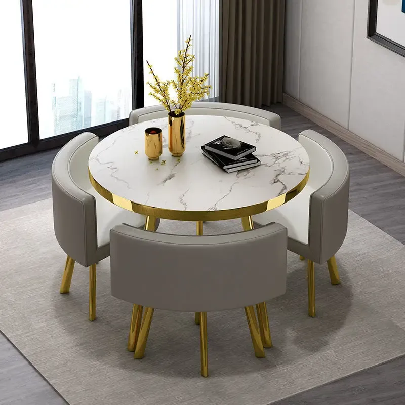 Juego de mesa de comedor redonda de mármol de 80 cm con 4 sillas, mesa central moderna de madera, muebles de apartamento blancos de lujo