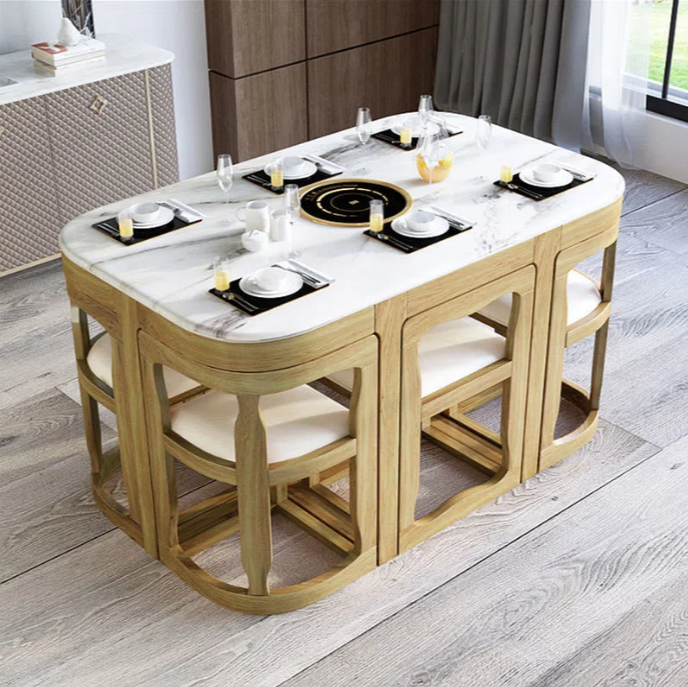 Mesa de comedor de lujo, decoración de comedor, mesa grande de cerámica blanca, mesa de comedor deslizante y juego de sillas.