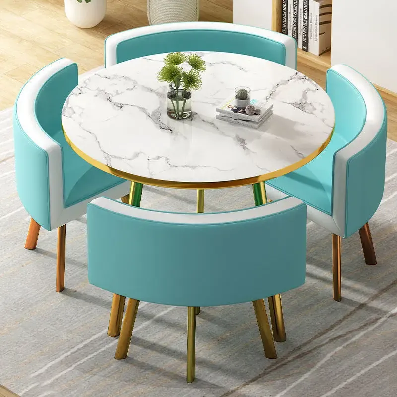 Juego de mesa de comedor redonda de mármol de 80 cm con 4 sillas, mesa central moderna de madera, muebles de apartamento blancos de lujo