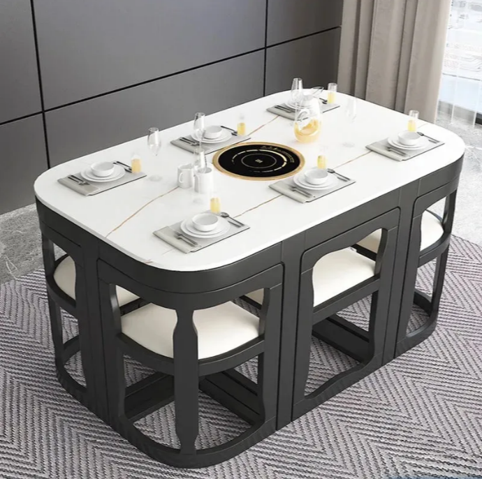 Mesa de comedor de lujo, decoración de comedor, mesa grande de cerámica blanca, mesa de comedor deslizante y juego de sillas.