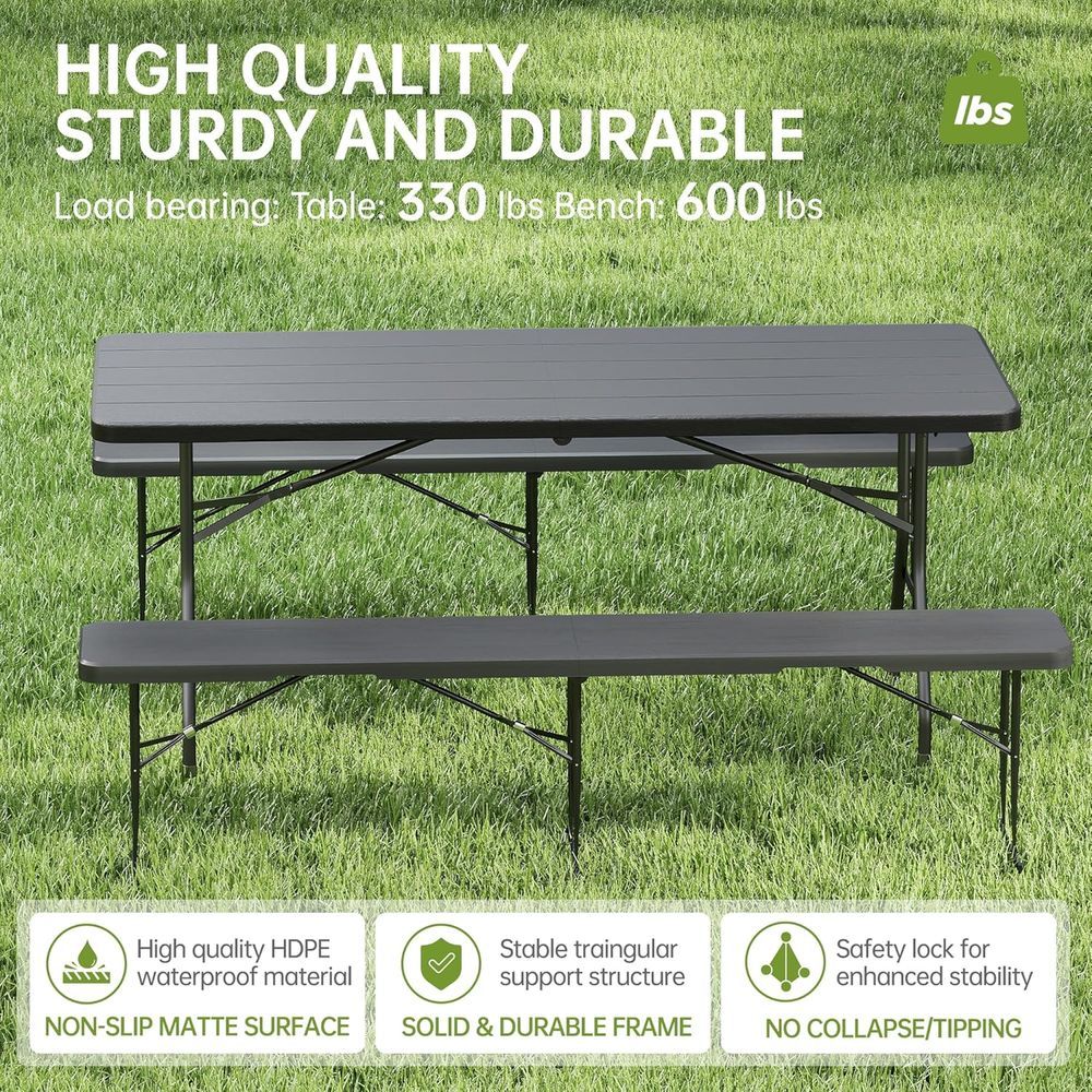 Mesa de picnic de 6' con 2 bancos, 3 piezas, mesa de camping plegable portátil de HDPE con veta de madera negra y bancos para patio, jardín,