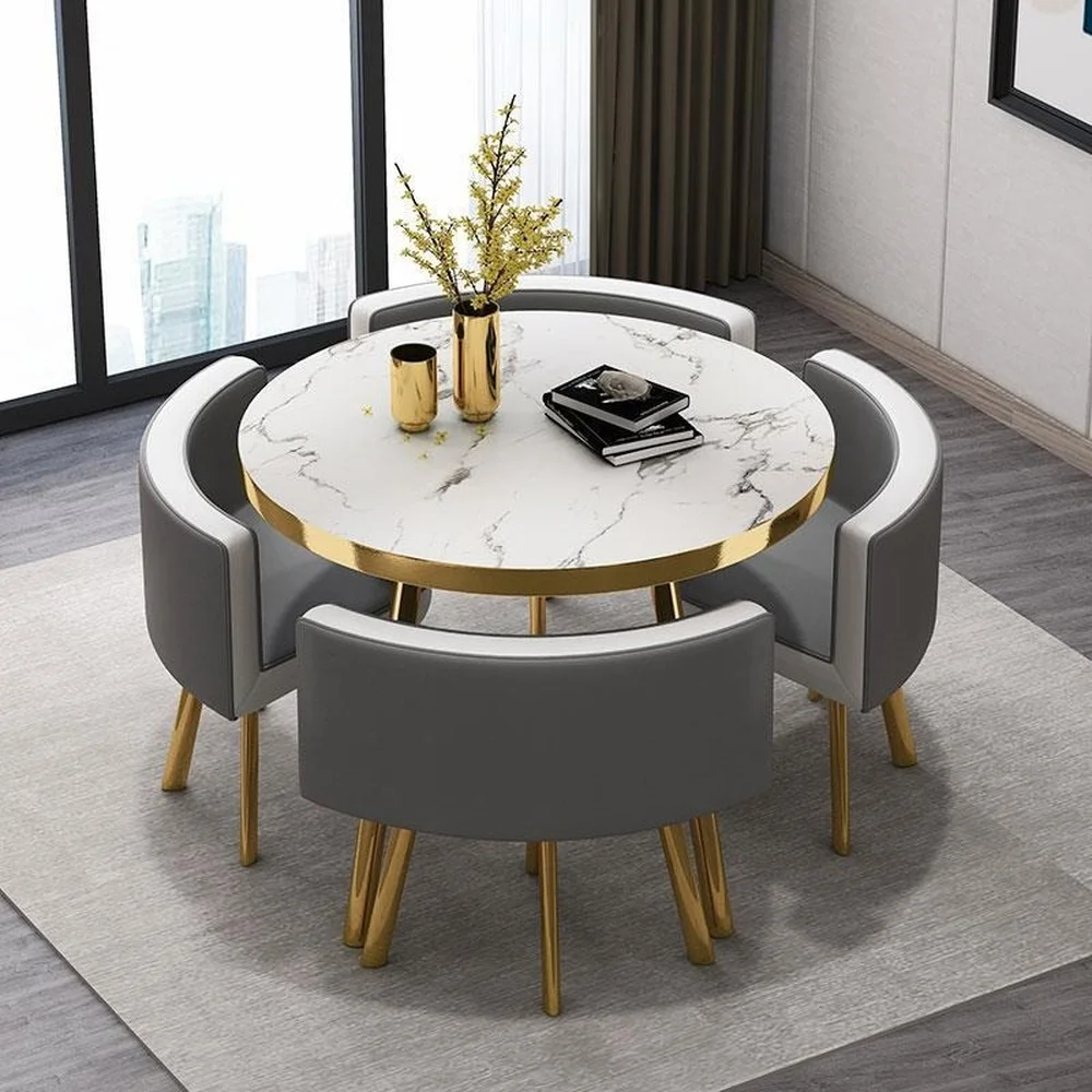 Juego de mesa de comedor redonda de mármol de 80 cm con 4 sillas, mesa central moderna de madera, muebles de apartamento blancos de lujo