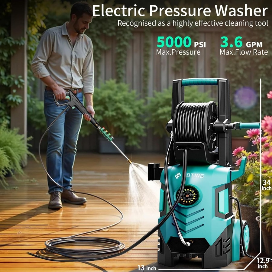 Hidrolavadora mejorada de 5000 PSI con control de pantalla táctil ajustable de 8 niveles, diseño de 34 pulgadas de alto para una limpieza eficiente de cercas de automóviles.