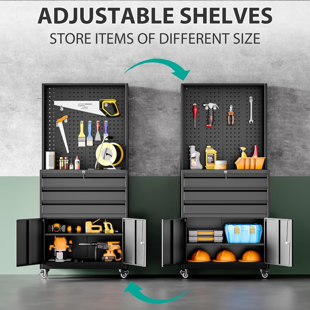 Gabinete de almacenamiento de metal con ruedas y cajones, gabinete de almacenamiento de garaje rodante con cerradura, gabinete de herramientas de metal negro con gancho