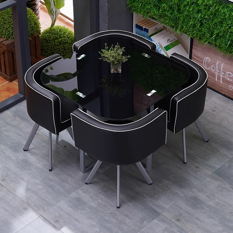 Juego de mesa y sillas de comedor de vidrio de 4 piezas para comedor de cocina pequeño. Mesa cuadrada contemporánea de vidrio templado de 5 piezas y 4 sillas.