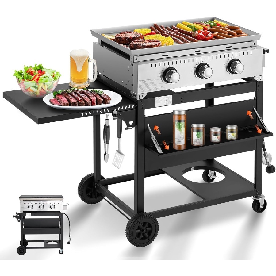 Plancha de gas para exteriores de 3 quemadores y 30000 BTU con tapa, plancha plana portátil de 28 pulgadas, parrilla de hierro fundido resistente en color negro con botella
