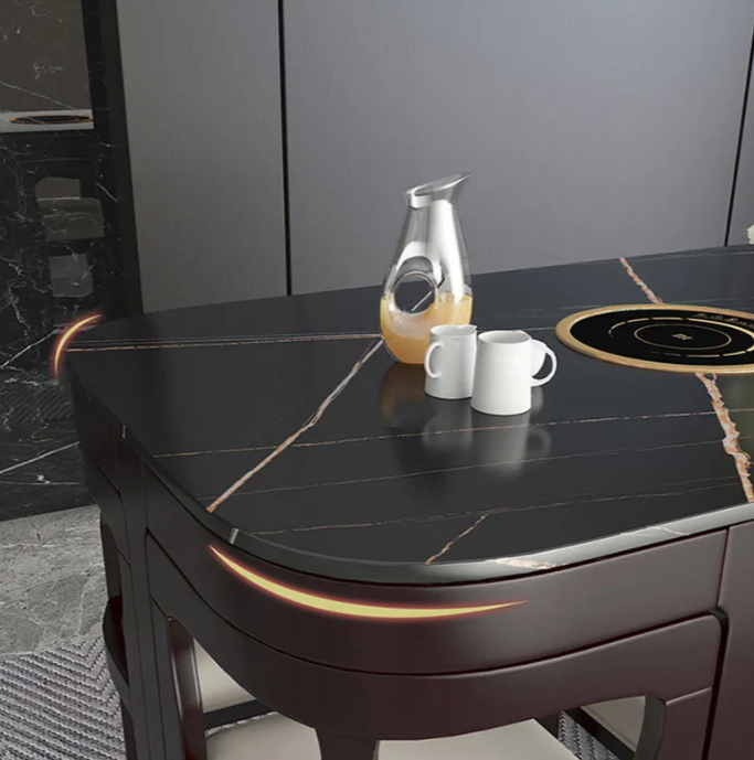 Mesa de comedor de lujo, decoración de comedor, mesa grande de cerámica blanca, mesa de comedor deslizante y juego de sillas.