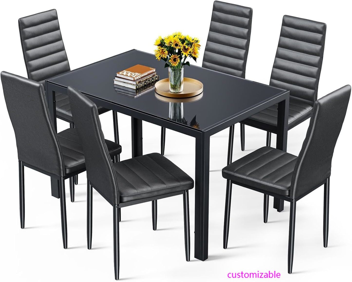 Juego de mesa de comedor para 6 personas, juego de 7 piezas de vidrio templado y sillas modernas para el hogar, la cocina, la sala de estar y el comedor.