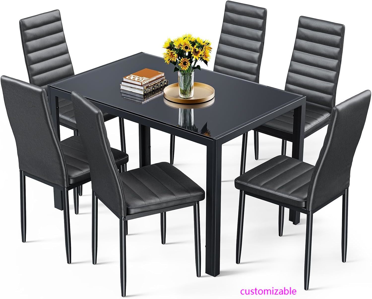 Juego de mesa de comedor para 6 personas, juego de 7 piezas de vidrio templado y sillas modernas para el hogar, la cocina, la sala de estar y el comedor.