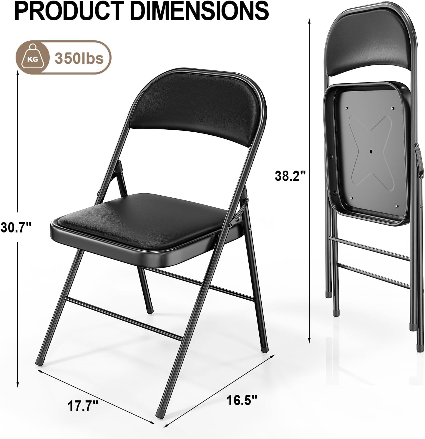 Paquete de 10 sillas plegables con asientos acolchados, estructura de metal con asiento y respaldo de cuero sintético, capacidad de 159 kg, color negro