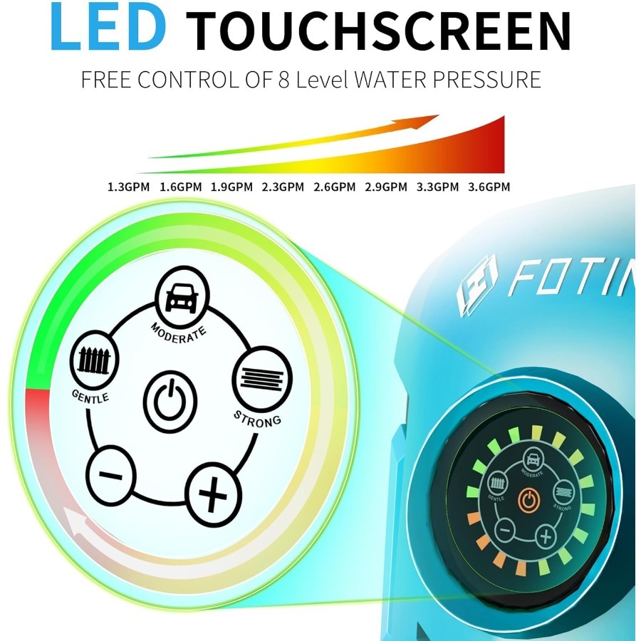 Hidrolavadora mejorada de 5000 PSI con control de pantalla táctil ajustable de 8 niveles, diseño de 34 pulgadas de alto para una limpieza eficiente de cercas de automóviles.