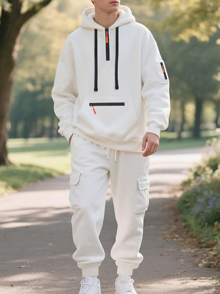 Men's Winter Heavyweight Fleece Lined Casual Set, Loose Fit Sporty Multi-Pocket Workwear Suit, Warm & Comfortable Outerwear