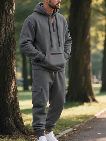 Men's Winter Heavyweight Fleece Lined Casual Set, Loose Fit Sporty Multi-Pocket Workwear Suit, Warm & Comfortable Outerwear