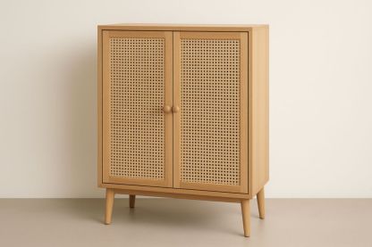 Mobile contenitore in legno con ante in rattan-Roomcraftor