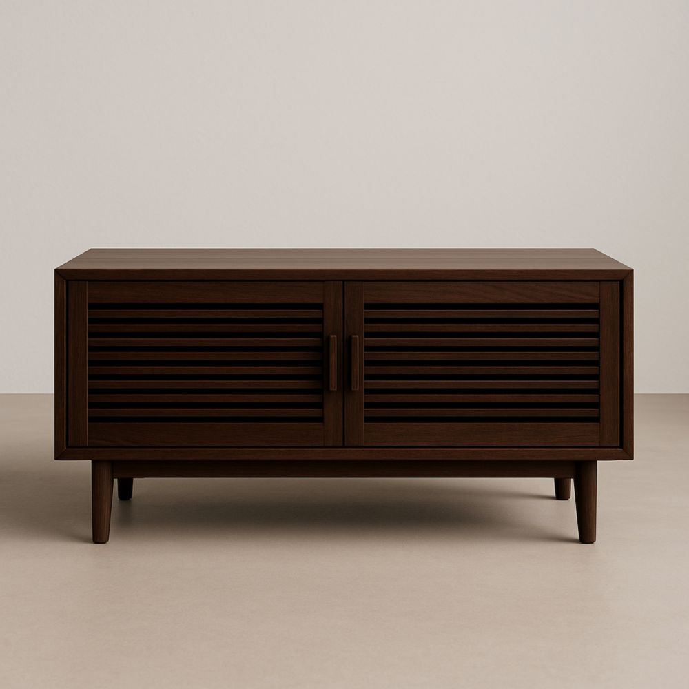 Mobile TV in legno massello marrone con doppie ante a doghe-Roomcraftor