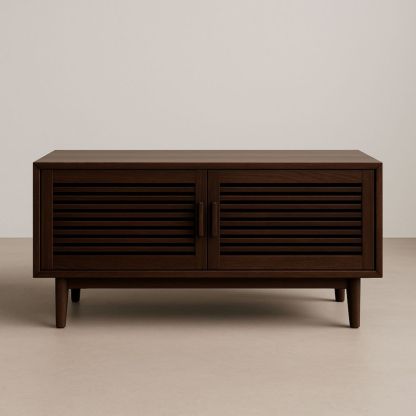 Mobile TV in legno massello marrone con doppie ante a doghe-Roomcraftor