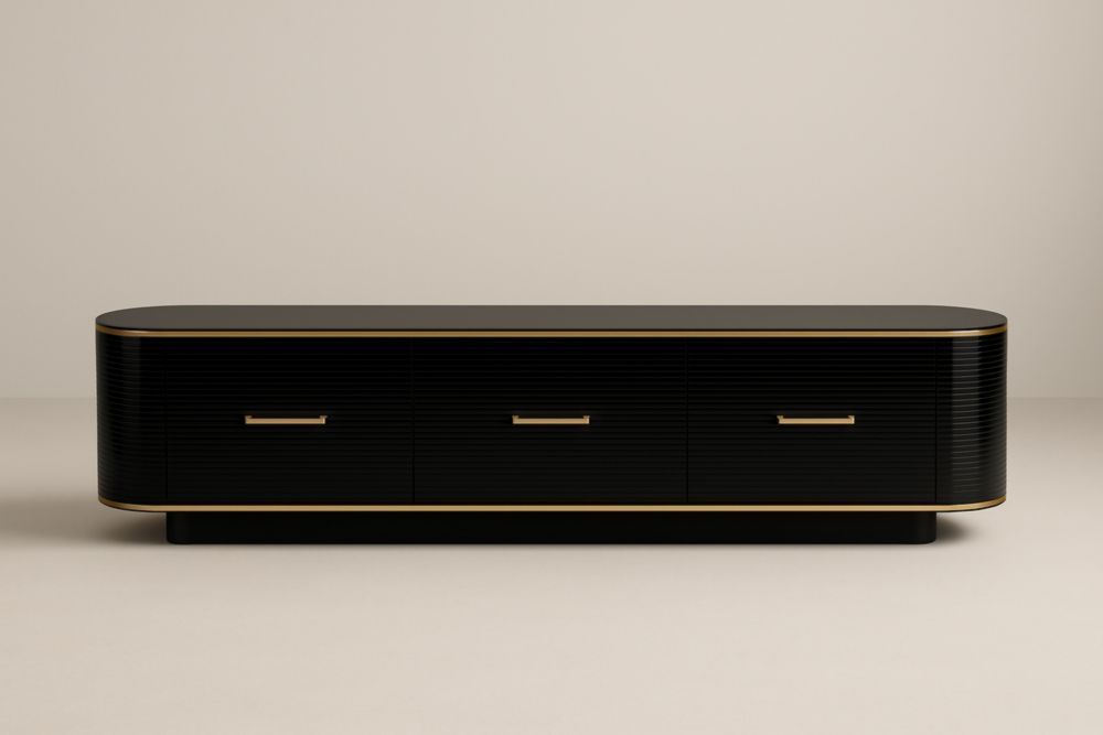 Mobile TV nero con bordi dorati in legno MDF e metallo H 45 cm x L 180 cm x P 40 cm-Roomcraftor