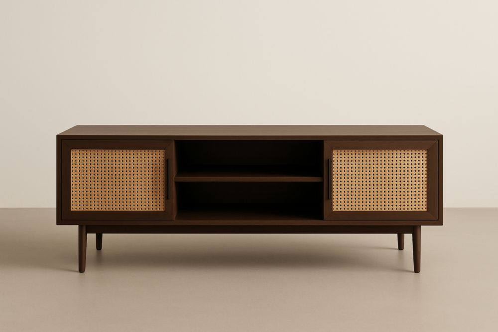 Mobile TV in legno e rattan con ripiani marrone 120x40x50 cm-Roomcraftor