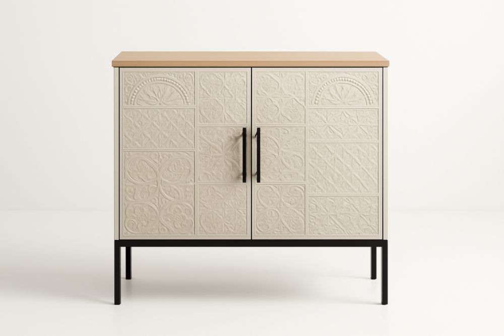 Credenza in Legno e Metallo con Porte Intarsiate 90x40x100 cm-Roomcraftor
