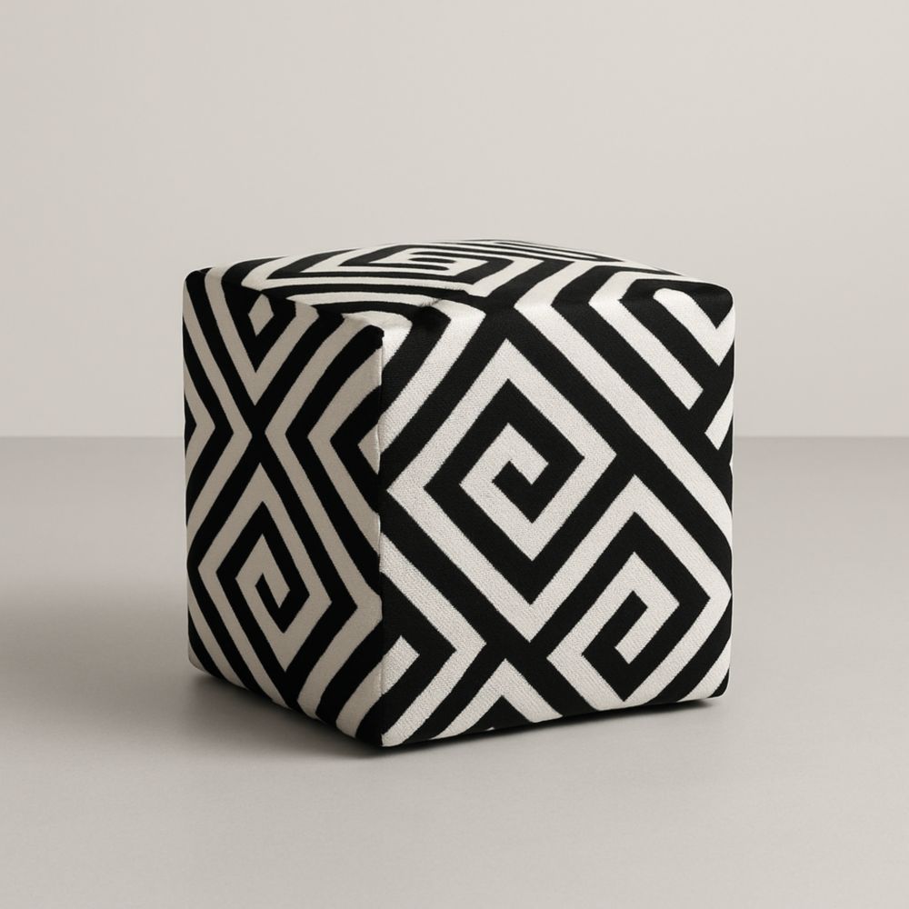 Pouf Cubico in Tessuto Cotone Geometrico Bianco e Nero 40x40x40 cm-Slowarranged