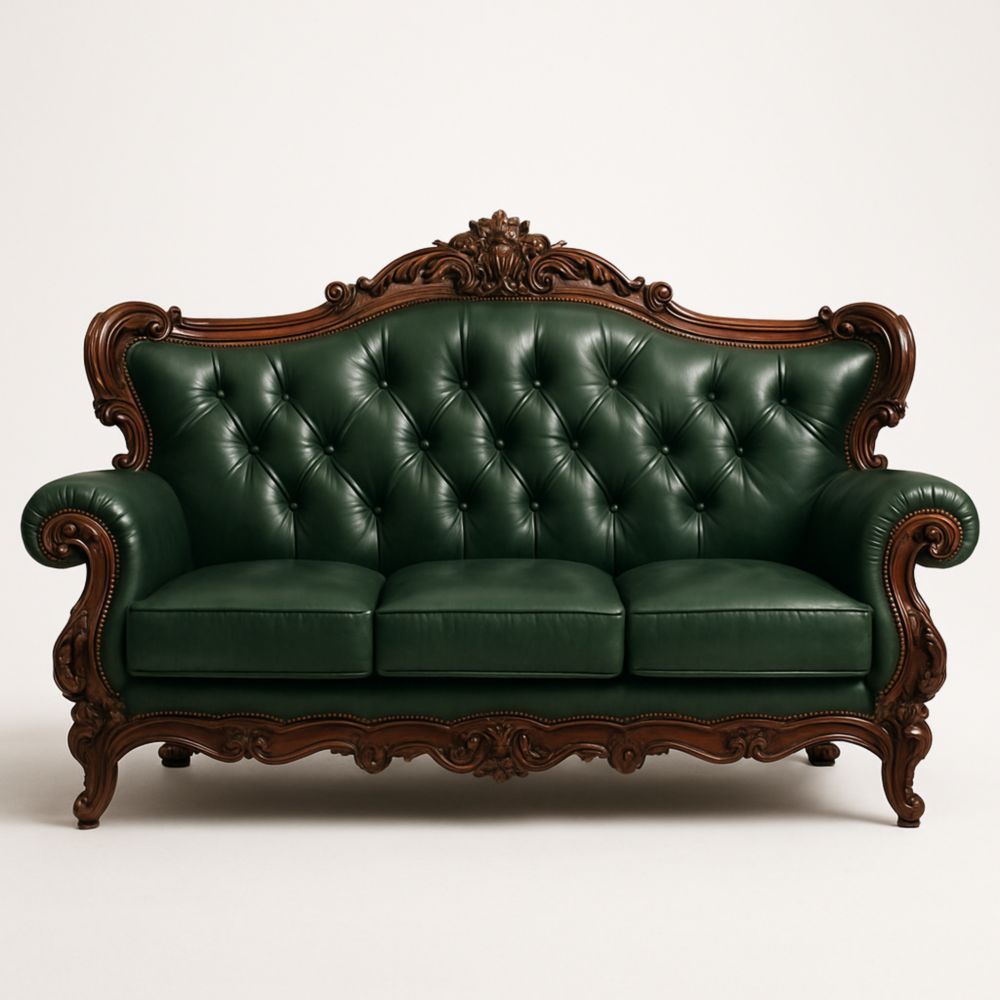 Divano in Pelle Sintetica Verde con Struttura in Legno Intagliato-Dwellanero