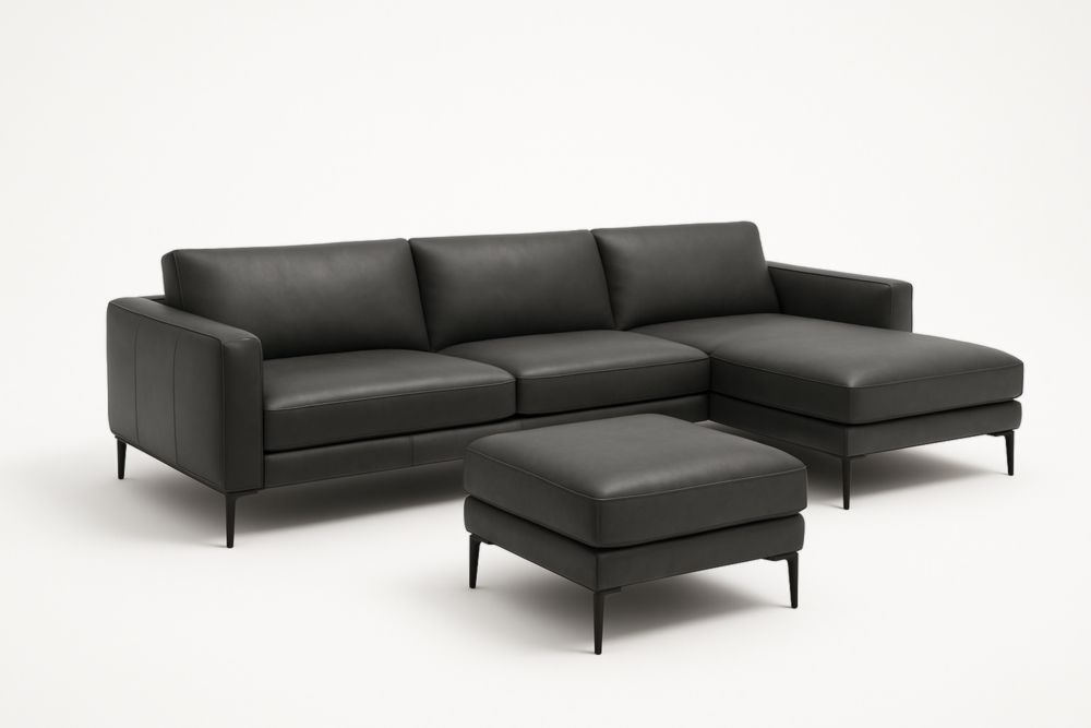 Divano angolare in pelle sintetica nero con pouf-Dwellanero