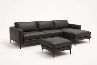 Divano angolare in pelle sintetica nero con pouf-Dwellanero