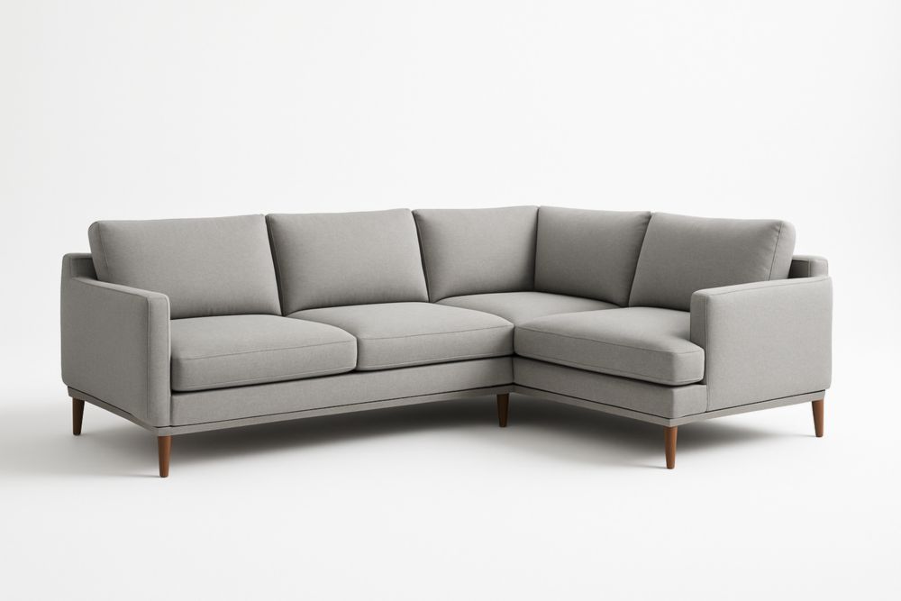 Divano angolare in tessuto grigio con piedi in legno-Moderlivio