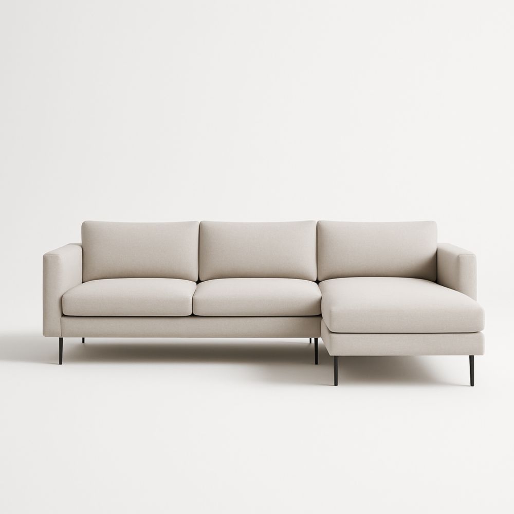 Divano angolare in tessuto crema con chaise longue, 3 posti, struttura legno massello e metallo-Livornestco