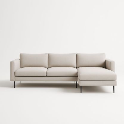 Divano angolare in tessuto crema con chaise longue, 3 posti, struttura legno massello e metallo-Livornestco