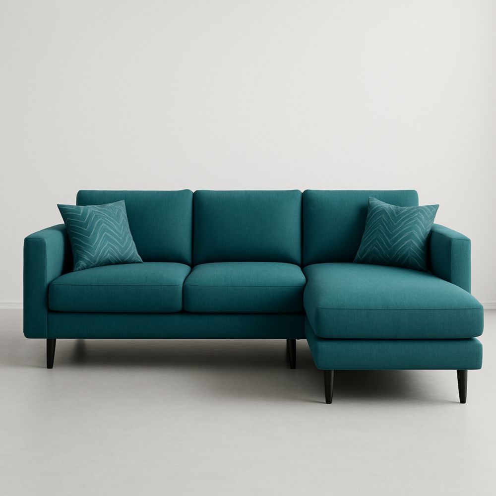 Divano ad angolo in tessuto turchese con cuscini-Livornestco