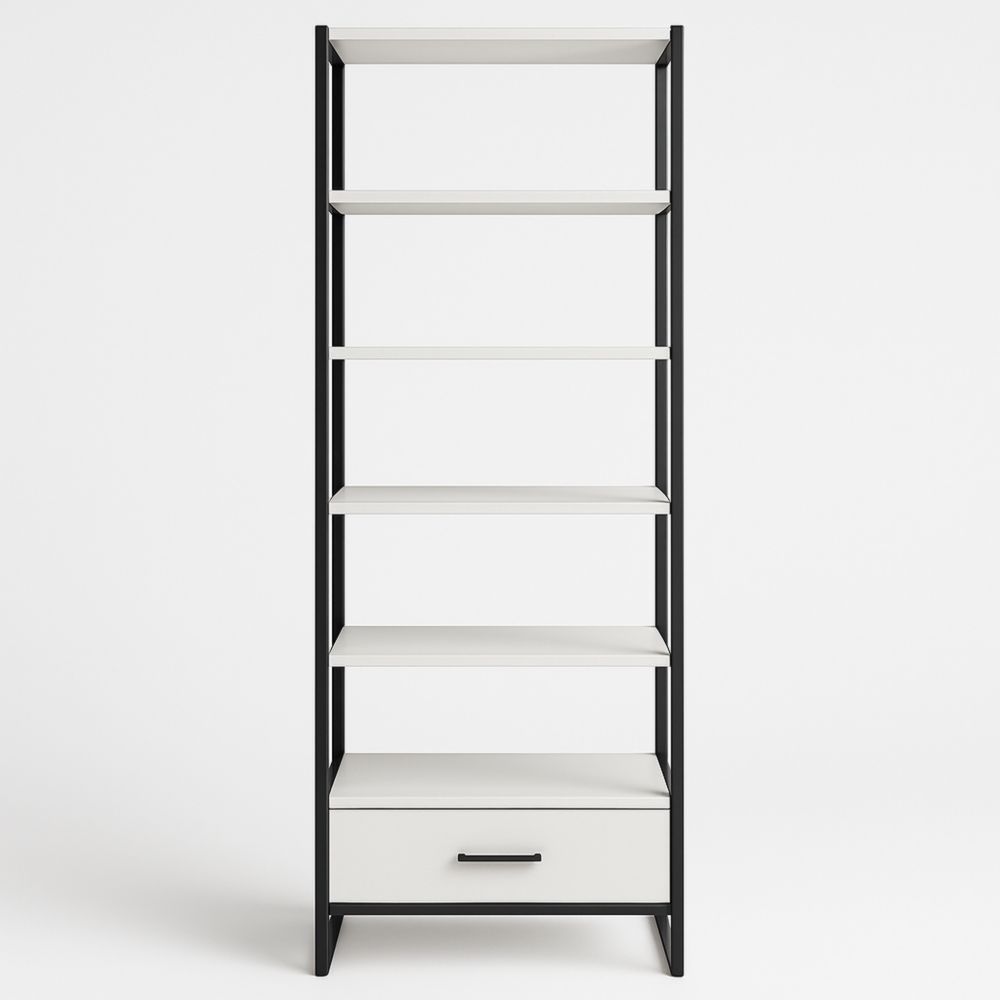 Libreria metallo e legno bianco e nero con 5 ripiani e cassetto-Dwellanora